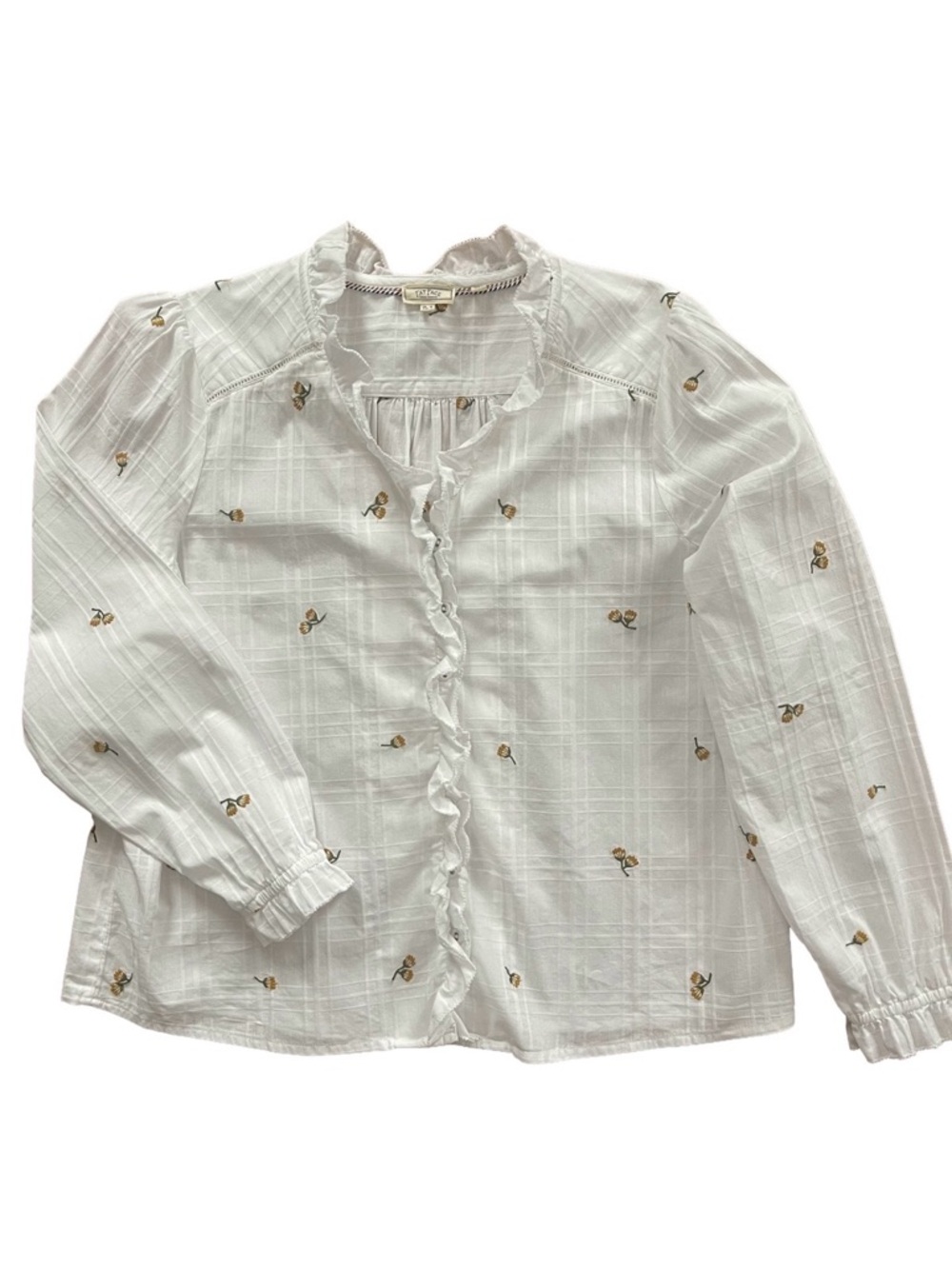 Fat Face White Ruffle-Front Floral Button-Up Blouse